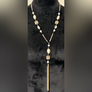 Gold-Tone, Faux Pearls & Rhinestones with Chain Tassel Necklace 25”-28”